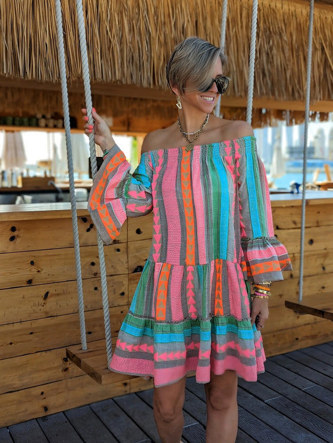 Mayae - Ethnic-print off-shoulder mini dress