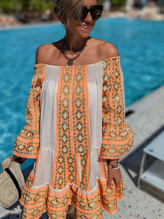 Mayae - Ethnic-print off-shoulder mini dress