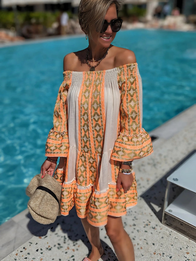 Mayae - Ethnic-print off-shoulder mini dress