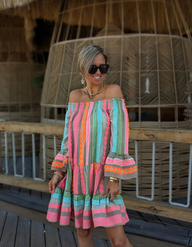 Mayae - Ethnic-print off-shoulder mini dress