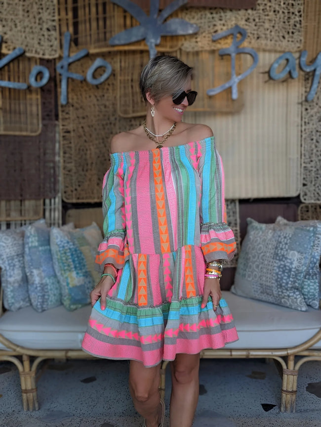 Mayae - Ethnic-print off-shoulder mini dress